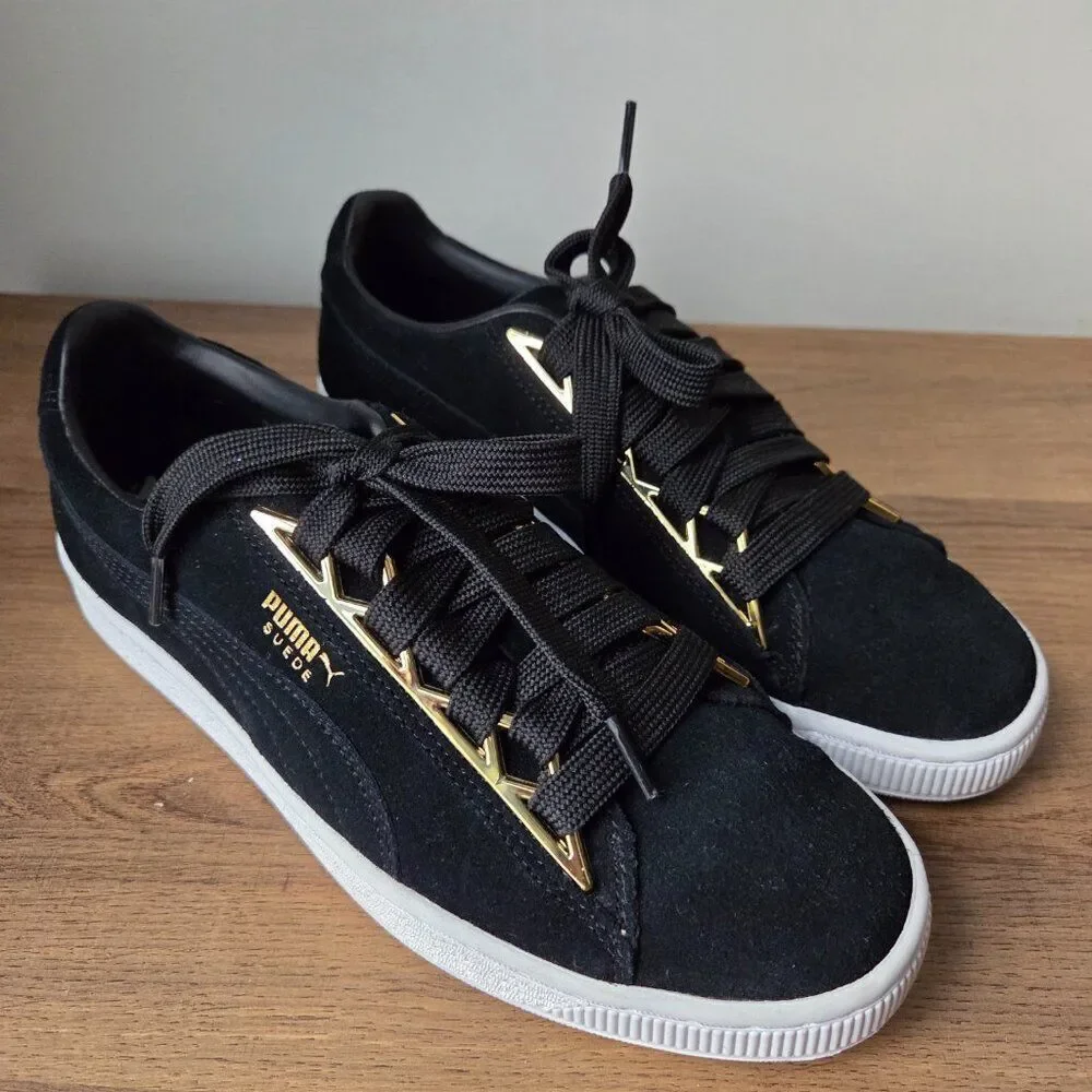 LIKE NEW PUMA 50TH ANNIVERSARY BLACK SUEDE /GOLD SNEAKERS SIZE 9 WOMENS